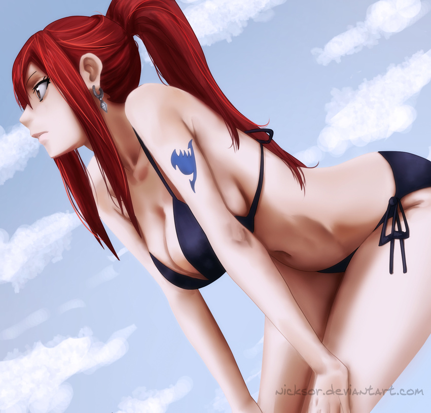 1girl bare_shoulders bikini breasts brown_eyes closed_mouth cloud clouds collarbone day earrings erza_scarlet fairy_tail female jewelry large_breasts long_hair midriff navel nicksor ponytail red_hair sky solo swimsuit tattoo