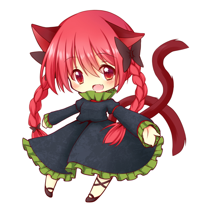 animal_ears bad_id bad_pixiv_id bow braid cat_ears cat_tail chibi dress fang hair_bow highres kaenbyou_rin looking_at_viewer multiple_tails open_mouth red_eyes red_hair slit_pupils solo tail topia touhou transparent_background twin_braids