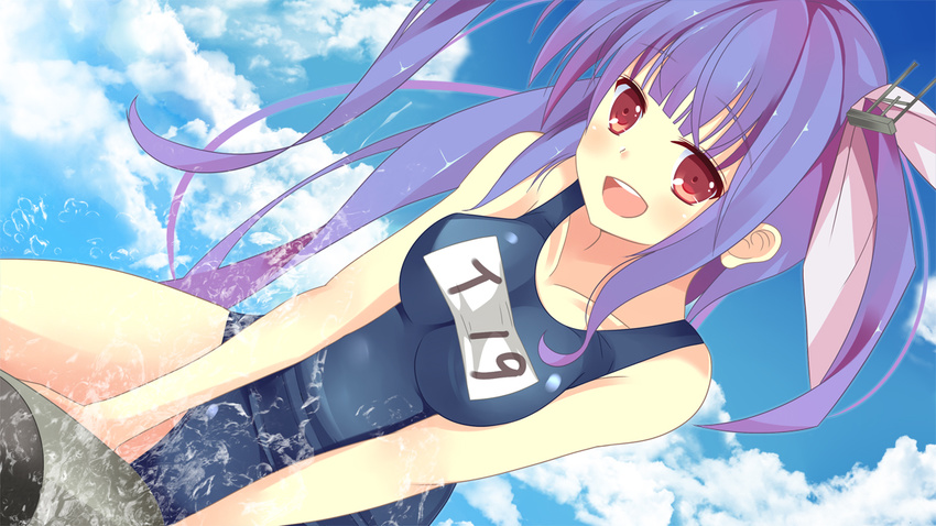 bad_id bad_pixiv_id blush breasts cloud day hair_ribbon i-19_(kantai_collection) kantai_collection large_breasts long_hair looking_at_viewer one-piece_swimsuit open_mouth purple_hair red_eyes ribbon school_swimsuit sky solo swimsuit youkan_(mattya_youkan)