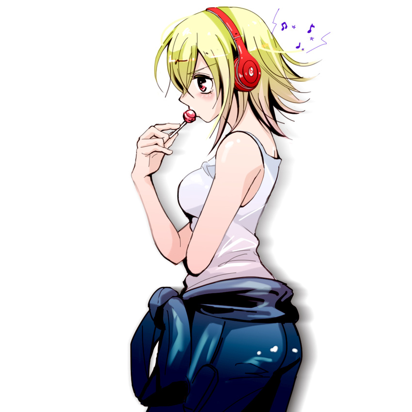 beats_by_dr._dre blonde_hair candy clothes_around_waist food headphones highres koharu_turbo listening_to_music lollipop red_eyes sherika short_hair solo tank_top versus_earth