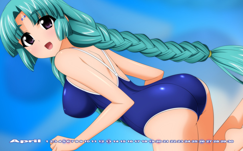 :d ass bare_shoulders barefoot blue_background braid calendar_(medium) canal_vorfeed competition_school_swimsuit competition_swimsuit dutch_angle green_hair headphones highres long_hair looking_at_viewer lost_universe one-piece_swimsuit open_mouth purple_eyes school_swimsuit simple_background smile solo sugimura_tomokazu swimsuit tareme thighs