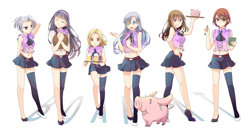 5girls aira_(exp) alcohol alternate_hair_color androgynous animal asymmetrical_clothes beer belt black_hair black_skirt blonde_hair blue_eyes brown_eyes brown_hair closed_eyes cosplay crop_top crossdressing diane_(nanatsu_no_taizai) earrings elaine elizabeth_liones elizabeth_liones_(cosplay) expressionless frills glasses gowther guila hair_ornament hair_over_eyes hair_over_one_eye hairband happy hawk_(nanatsu_no_taizai) highres jericho_(nanatsu_no_taizai) jewelry long_hair looking_at_viewer midriff mismatched_footwear multiple_girls nanatsu_no_taizai navel otoko_no_ko pencil pig ponytail pose purple_eyes purple_shirt shirt shoes short_hair silver_hair simple_background single_thighhigh skirt smile standing thighhighs thighs waitress white_background yellow_eyes