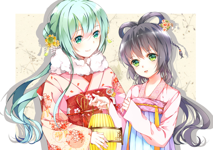 2girls chinese_clothes hatsune_miku japanese_clothes kimono luo_tianyi tr_(52137) vocaloid