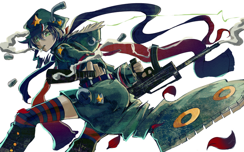 absurdres aiming assault_rifle bad_id bad_pixiv_id bashikou gun handgun highres original pistol pleated_skirt revision rifle skirt smoke smoking smoking_gun solo thighhighs weapon