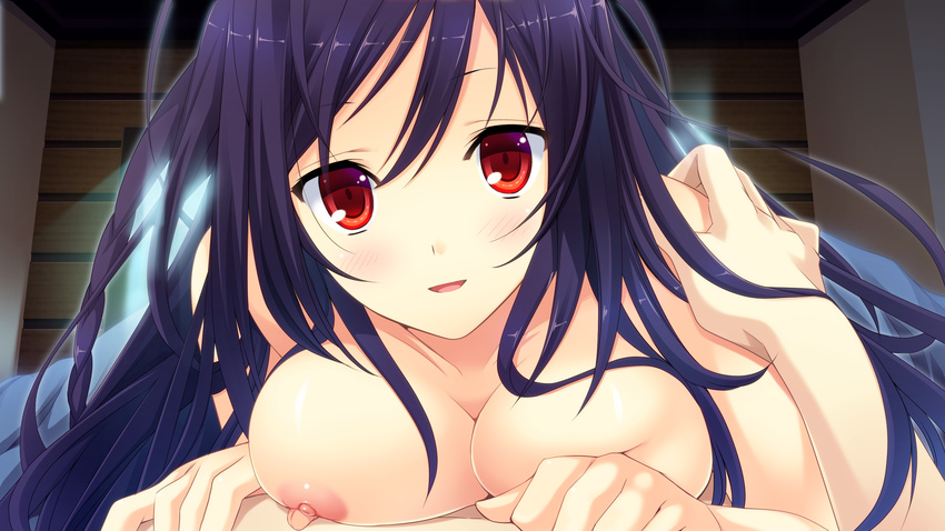 black_hair breasts close game_cg koisuru_natsu_no_last_resort kouzaki_umi long_hair marui nipples pulltop red_eyes