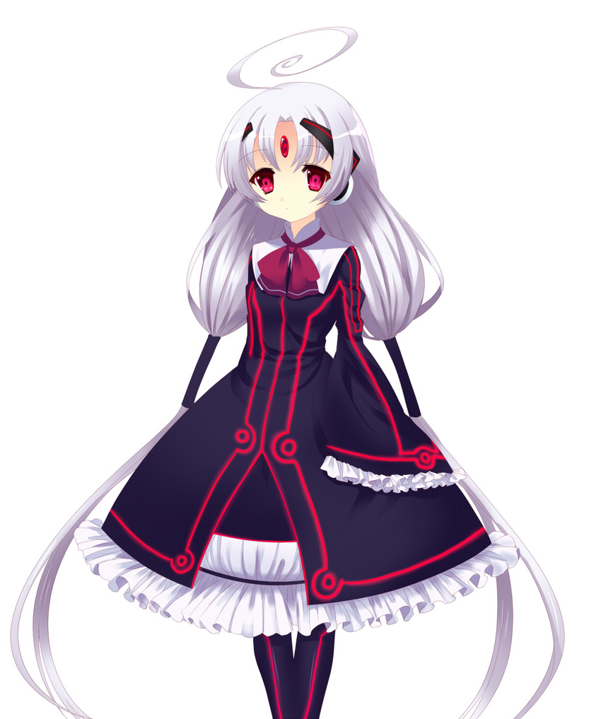 ahoge april_fools bad_id bad_pixiv_id banned_artist black_legwear dress flat_chest forehead_jewel frilled_dress frills hair_tubes hairpods highres huge_ahoge long_hair neon_trim pantyhose red_eyes solo twintails under_night_in-birth vatista very_long_hair white_hair yusano