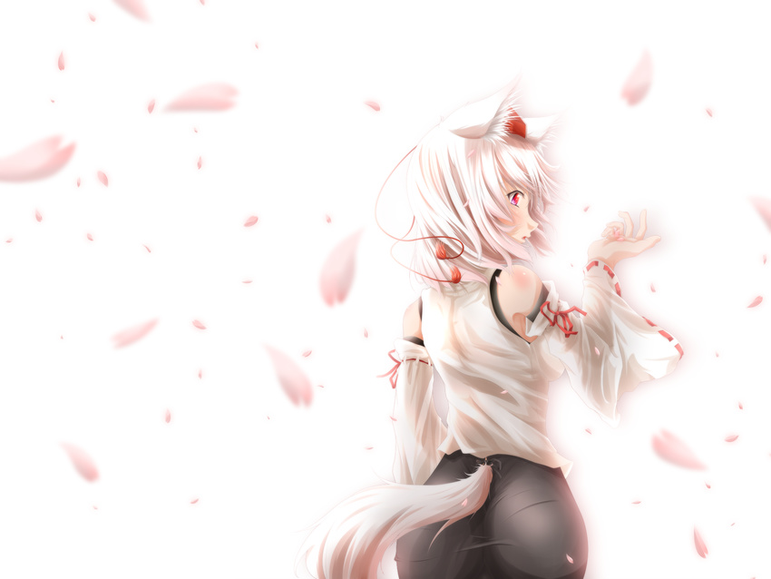 animal_ears ass bare_shoulders blush breasts dagitsune_yuu detached_sleeves hat highres inubashiri_momiji looking_back medium_breasts red_eyes see-through short_hair silver_hair solo tail tokin_hat touhou wolf_ears wolf_tail