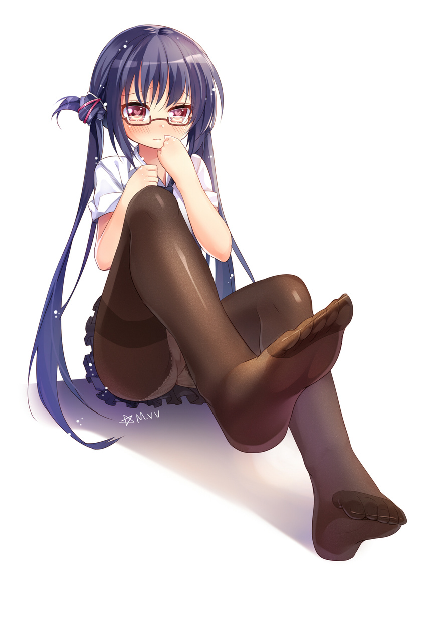 artist_name black_hair black_legwear blush clover_days feet glasses heart heart-shaped_pupils highres long_hair looking_at_viewer mvv panties panties_under_pantyhose pantyhose pentagram pleated_skirt red_eyes school_uniform shadow short_sleeves simple_background sitting skirt solo symbol-shaped_pupils takakura_anri thighband_pantyhose underwear very_long_hair white_background white_panties