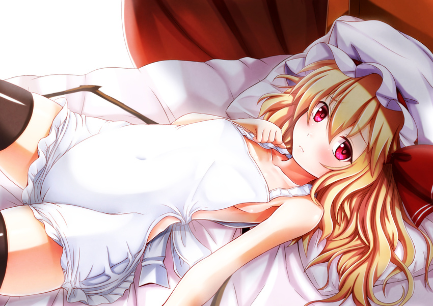 apron bed_sheet black_legwear blonde_hair blush breasts cameltoe curtains ebi_193 flandre_scarlet hair_ribbon hat looking_at_viewer lying naked_apron on_back on_bed petite red_eyes revision ribbon short_hair side_ponytail sideboob small_breasts solo thighhighs touhou wings