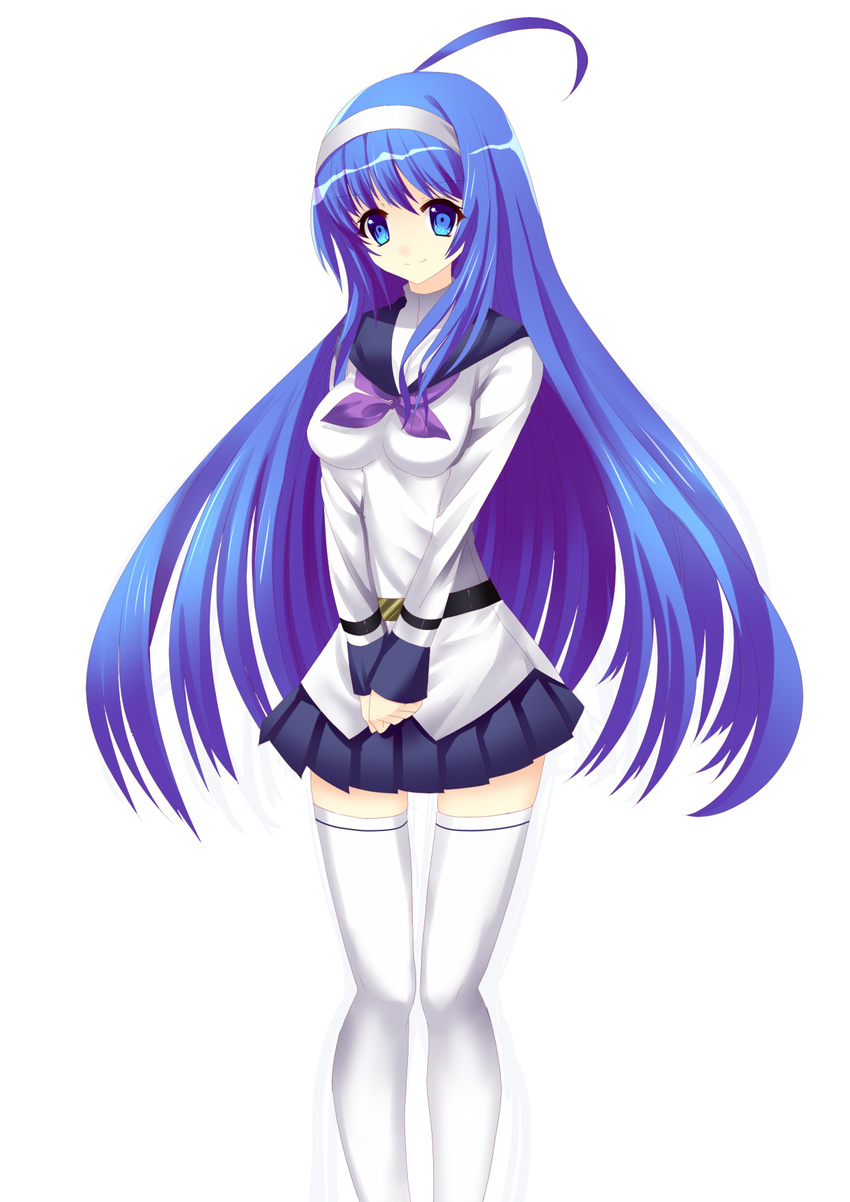 ahoge april_fools bad_id bad_pixiv_id banned_artist blue_eyes blue_hair breasts hairband highres huge_ahoge long_hair medium_breasts orie_(under_night_in-birth) pleated_skirt school_uniform serafuku skirt solo thighhighs under_night_in-birth v_arms white_background white_legwear yusano