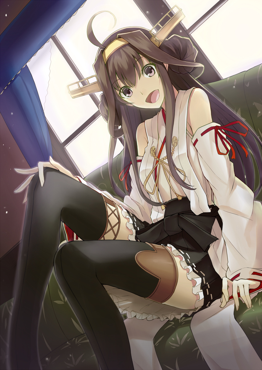 :d ahoge antennae backlighting bare_shoulders black_legwear boots brown_eyes couch detached_sleeves dutch_angle hair_ornament hand_on_own_knee highres kantai_collection kauto kongou_(kantai_collection) long_hair long_sleeves looking_at_viewer nontraditional_miko open_mouth shirt sitting skirt smile solo thigh_boots thighhighs very_long_hair window zettai_ryouiki