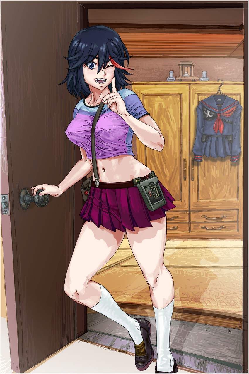 absurdres between_breasts black_hair blue_eyes breasts cabinet casual covered_nipples crop_top fanny_pack finger_to_face highlights highres kill_la_kill kneehighs large_breasts looking_at_viewer making_of matoi_ryuuko midriff miniskirt multicolored_hair nanba_tamashii navel one_eye_closed open_mouth revision senketsu short_hair skirt smile socks solo strap_cleavage streaked_hair suspenders symbol-shaped_pupils walkman