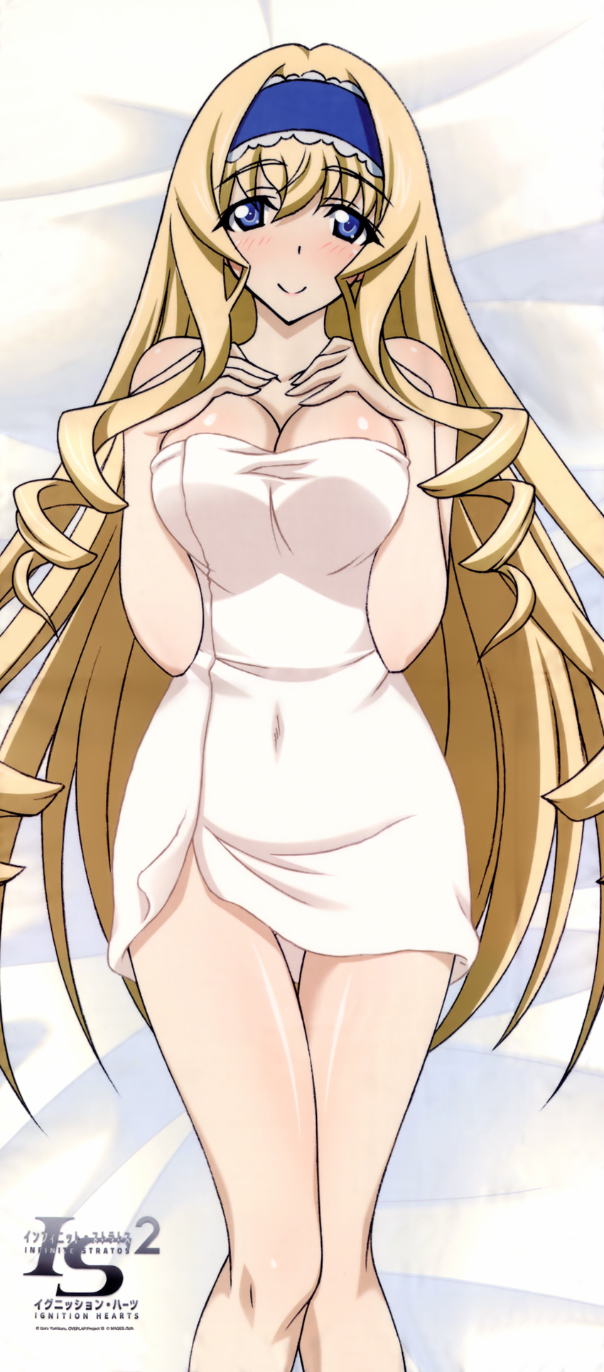 absurdres ass_visible_through_thighs bed_sheet blonde_hair blue_eyes blue_hairband blush body_blush breasts cecilia_alcott cleavage covered_navel dakimakura drill_hair hairband highres infinite_stratos large_breasts logo long_hair long_legs lying naked_towel official_art on_back shiny shiny_skin smile solo towel very_long_hair