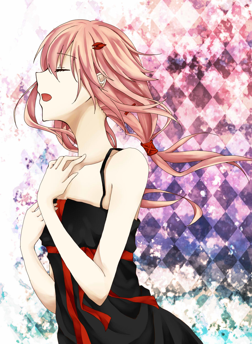 bare_shoulders closed_eyes dress guilty_crown hair_ornament hairclip highres long_hair music open_mouth pink_hair singing solo twintails yuzuriha_inori