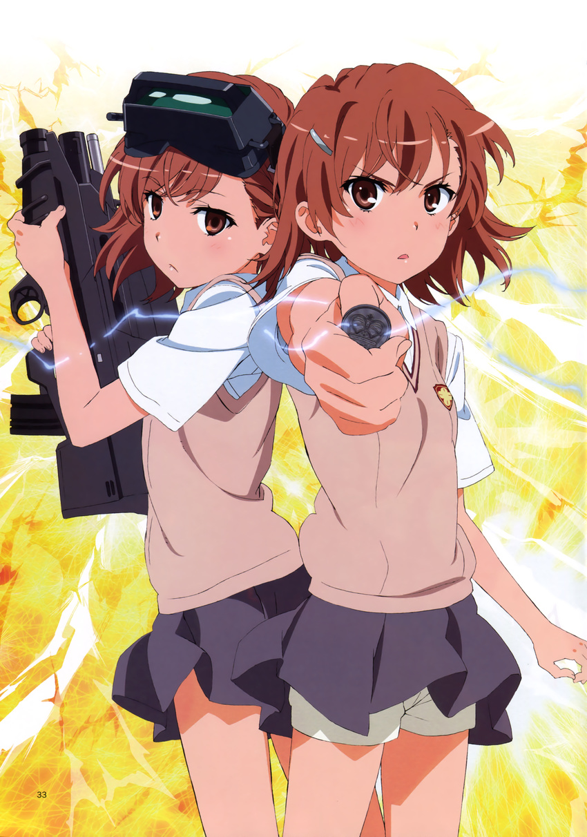 :/ absurdres assault_rifle back-to-back brown_eyes brown_hair bullpup coin cowboy_shot electricity fn_f2000 gun hair_ornament hairclip head_mounted_display highres holding holding_gun holding_weapon looking_at_viewer misaka_imouto misaka_mikoto multiple_girls number official_art outstretched_arm pleated_skirt rifle school_uniform shirt short_hair short_sleeves shorts shorts_under_skirt skirt tanaka_yuuichi to_aru_kagaku_no_railgun to_aru_majutsu_no_index triangle_mouth weapon wing_collar