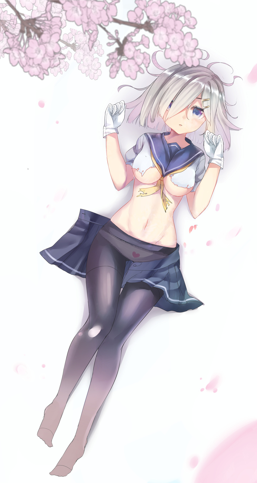 absurdres blue_eyes breasts cherry_blossoms full_body gendo0032 gloves hair_ornament hair_over_one_eye hairclip hamakaze_(kantai_collection) highres kantai_collection medium_breasts panties panties_under_pantyhose pantyhose school_uniform serafuku short_hair silver_hair solo torn_clothes underboob underwear