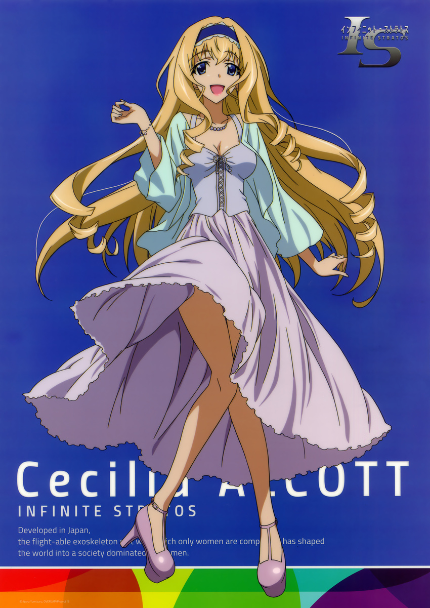 :d absurdres bare_legs blonde_hair blue_background cecilia_alcott character_name copyright_name dress highres infinite_stratos jacket long_hair long_legs long_sleeves looking_at_viewer open_clothes open_jacket open_mouth purple_dress simple_background smile solo very_long_hair