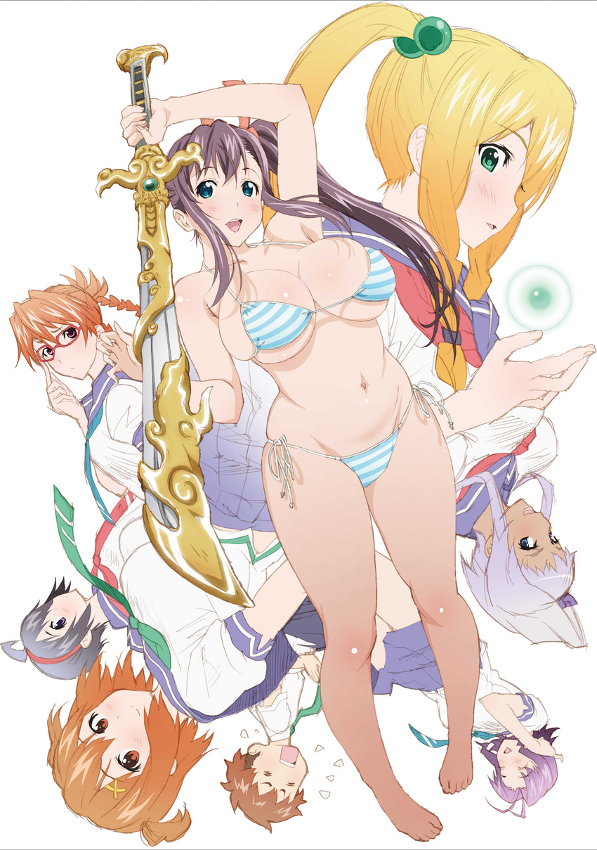 akaza_chacha amaya_haruko bikini cleavage color_issue himegami_kodama jpeg_artifacts kushiya_inaho maken-ki! megane ooyama_takeru satou_kimi seifuku swimsuits sword takami_akio