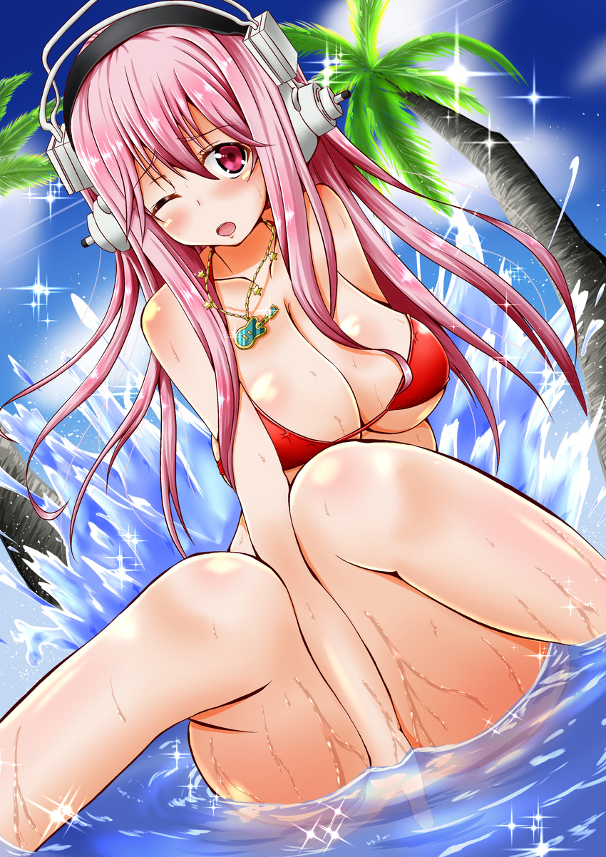 :o absurdres arm_support bikini blush breasts cleavage dutch_angle headphones highres jewelry kuria_(clear_trip_second) large_breasts long_hair looking_at_viewer nitroplus one_eye_closed partially_submerged pendant pink_hair red_eyes splashing super_sonico swimsuit