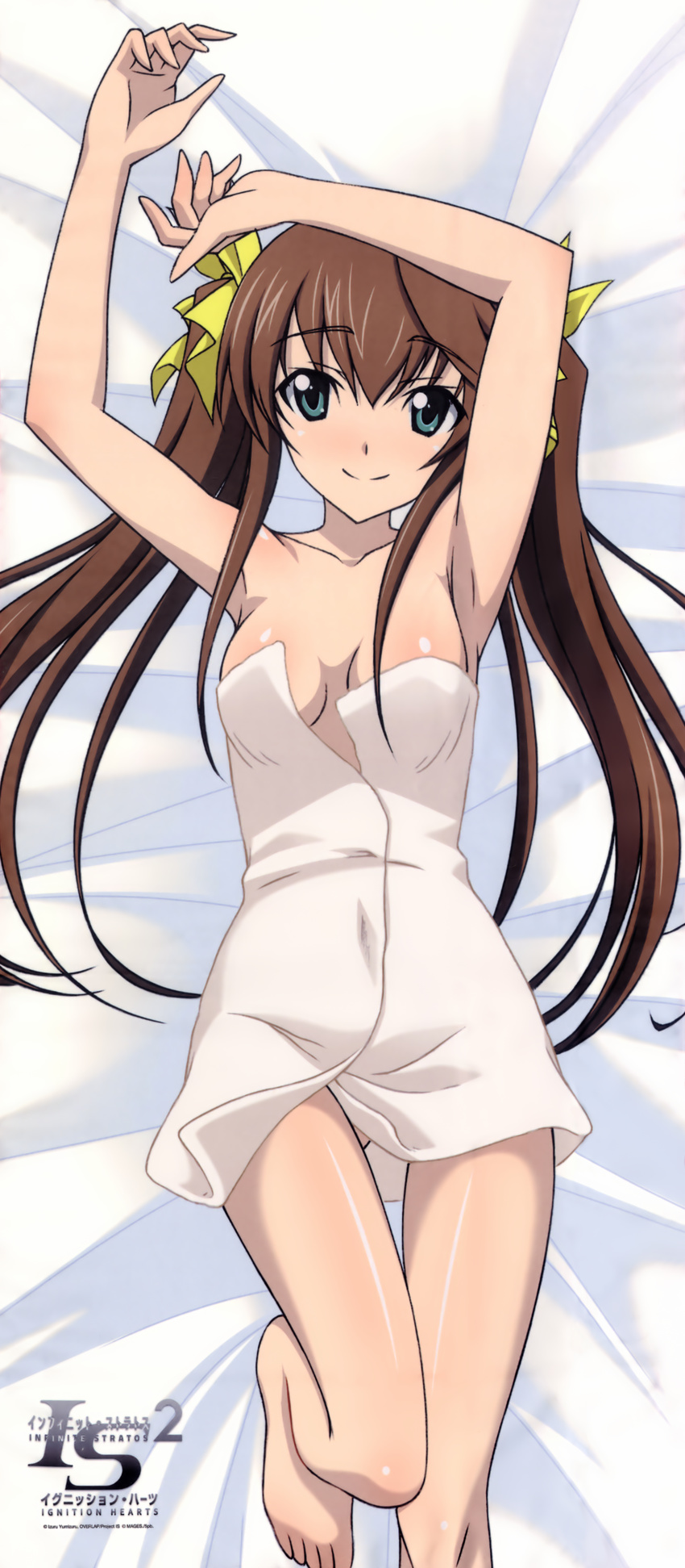 absurdres armpits arms_up ass_visible_through_thighs bed_sheet blue_eyes blush breasts brown_hair covered_navel dakimakura feet highres huang_lingyin infinite_stratos logo long_hair lying medium_breasts naked_towel official_art on_back shiny shiny_skin smile solo towel twintails