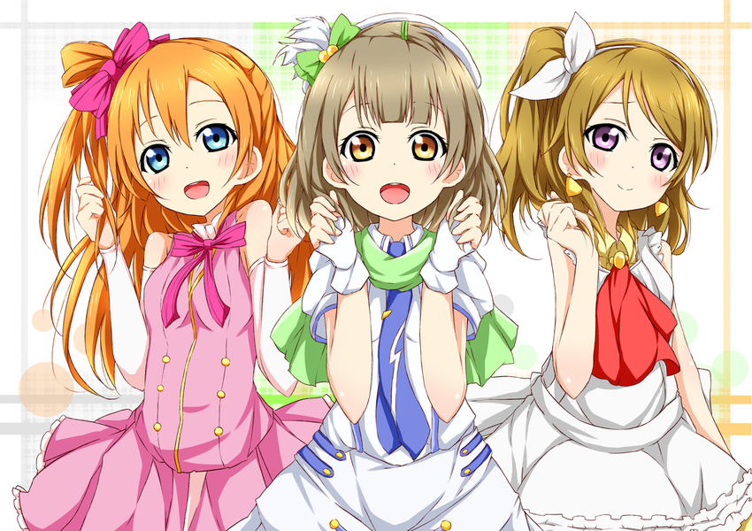 :d alternate_hairstyle arm_warmers bare_arms bare_shoulders blonde_hair blue_eyes bow dress fingerless_gloves gloves hair_bow hair_ribbon hairstyle_switch hand_in_hair karamoneeze koizumi_hanayo korekara_no_someday kousaka_honoka light_brown_hair looking_at_viewer love_live! love_live!_school_idol_project minami_kotori multiple_girls one_side_up open_mouth pink_dress printemps_(love_live!) puffy_sleeves purple_eyes ribbon scarf short_sleeves sleeveless sleeveless_dress smile start:dash!! white_background white_dress wonderful_rush yellow_eyes