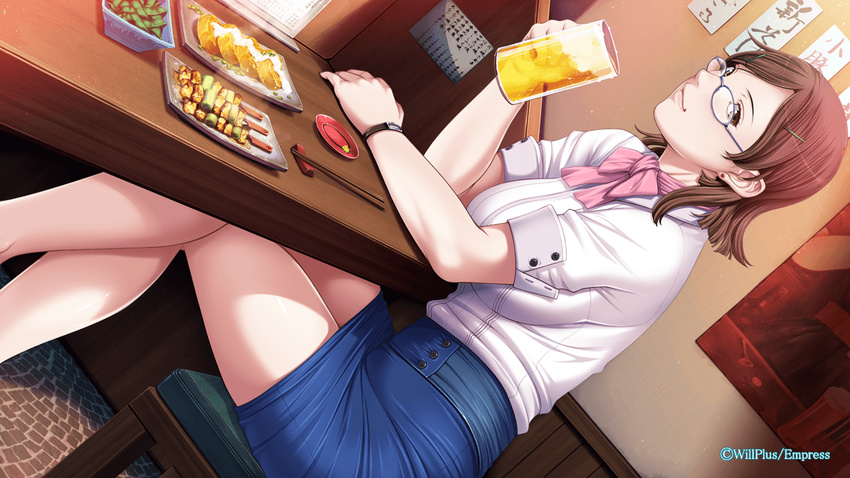 1girl alcohol beer breasts brown_eyes brown_hair chair chopsticks cup drink earrings food game_cg glasses hair_ornament hairclip highres jewelry large_breasts legs legs_crossed looking_at_viewer mihara_aika p/a:_potential_ability sei_shoujo short_hair sitting skirt smile table thighs watch wristwatch