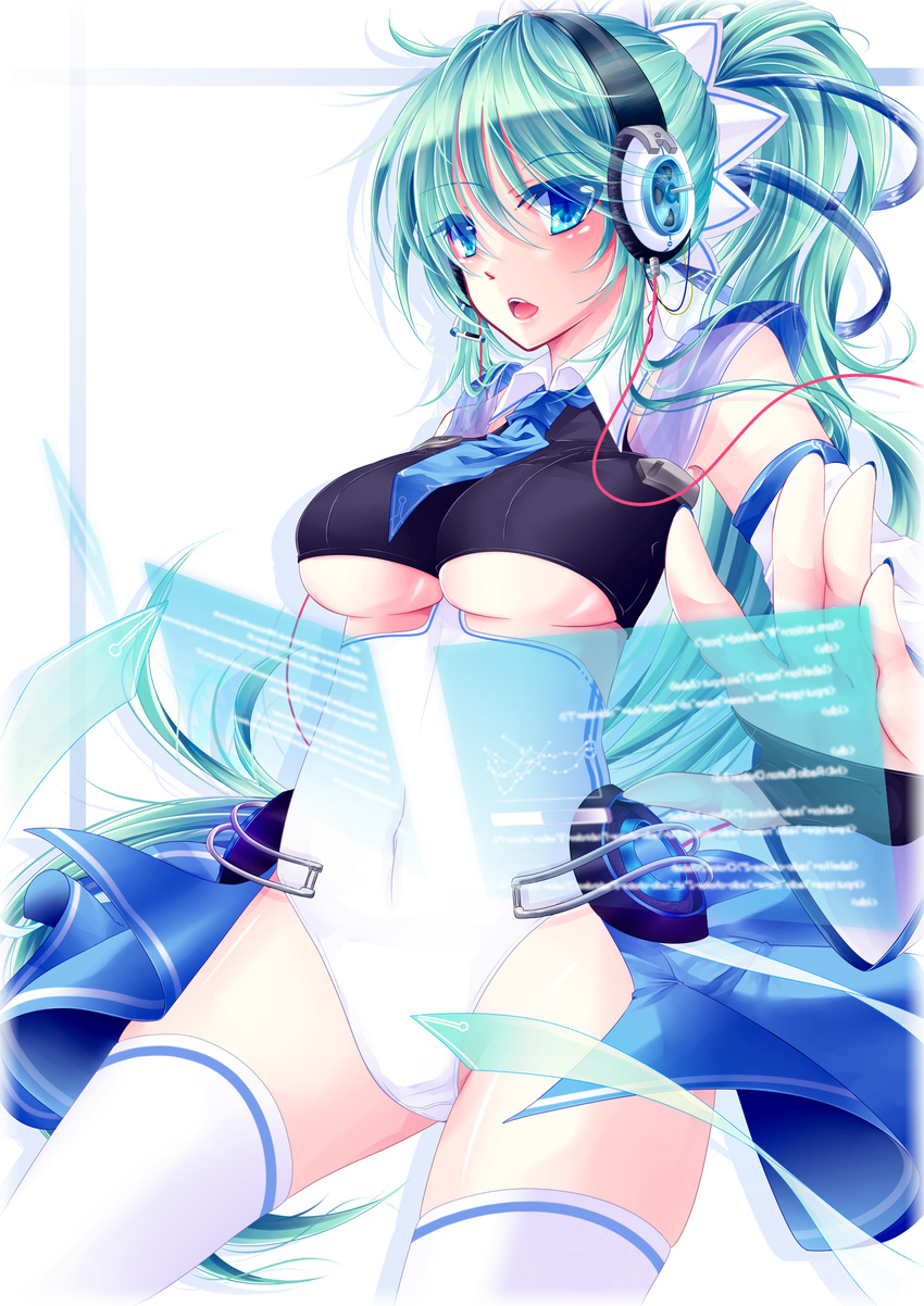 bad_id bad_pixiv_id bangs blue_eyes blush breasts detached_sleeves eyebrows_visible_through_hair green_hair hair_between_eyes headphones highres holographic_interface large_breasts leotard long_hair mokoppe necktie open_mouth original ponytail revealing_clothes showgirl_skirt solo thighhighs underboob