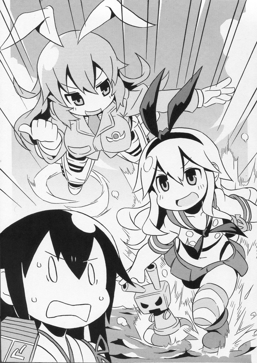 absurdres akagi_(kantai_collection) animal_ears bunny_ears charlotte_e_yeager greyscale headband highres kantai_collection long_hair monochrome multiple_girls rensouhou-chan shimakaze_(kantai_collection) strike_witches striker_unit thighhighs trait_connection uniform world_witches_series yamagami_tadashi