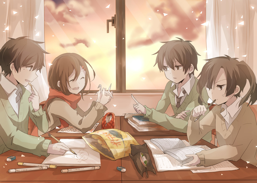 2girls bad_id bad_pixiv_id book brown_hair cameo chips enomoto_takane food highres kagerou_project kisaragi_shintarou kokonose_haruka konoha_(kagerou_project) long_hair mole mole_under_eye multiple_boys multiple_girls origami paper_crane pencil potato_chips red_scarf ryukadomatsu scarf school_uniform short_hair tateyama_ayano twintails window