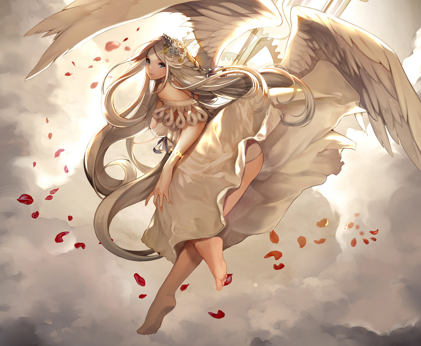 angel barefoot blue_eyes braids clouds dress flowers gray_hair long_hair original petals uuhui wings