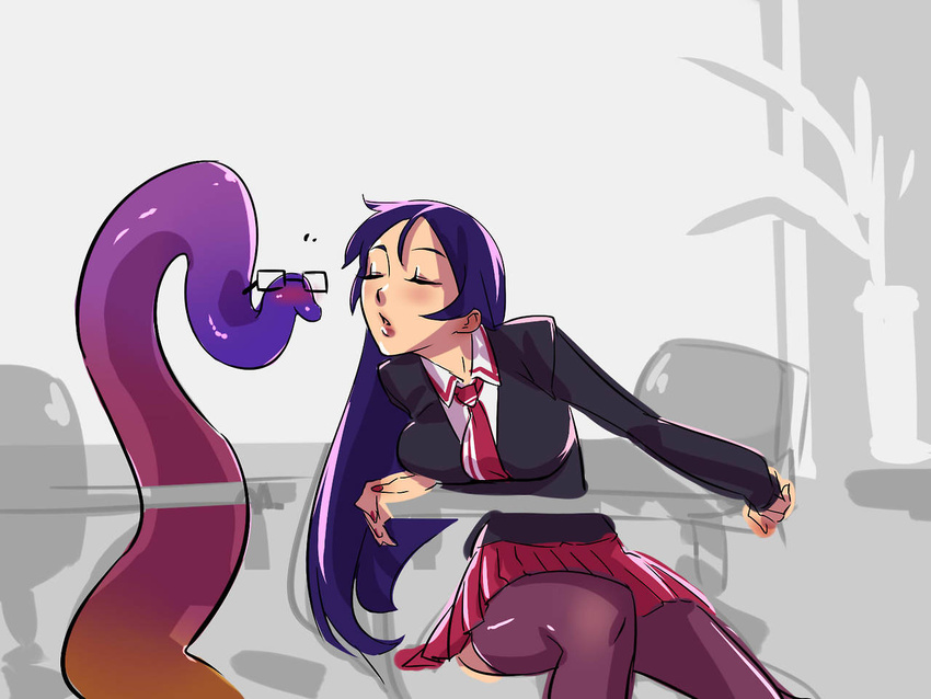 1girl bespectacled blush closed_eyes consensual_tentacles couple desk eyes_closed glasses incipient_kiss leaning_forward long_hair necktie original purple_hair school_desk school_uniform schoolgirls_love_tentacles sitting skirt tentacle tentacle_bento tentacles thighhighs typo_(requiemdusk) work_in_progress