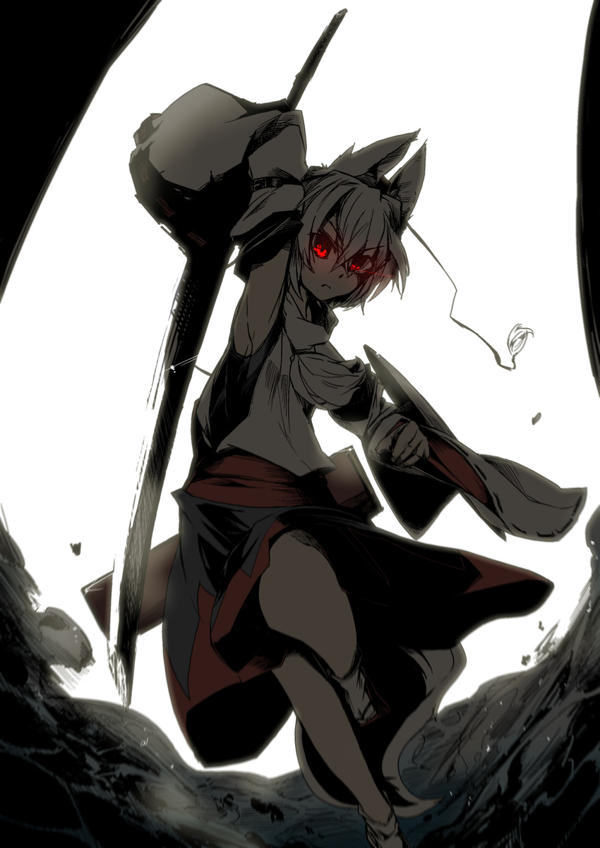 animal_ears bare_shoulders detached_sleeves glowing glowing_eyes hat highres inubashiri_momiji looking_at_viewer pom_pom_(clothes) red_eyes short_hair silver_hair solo susumu_tukasa sword tail tokin_hat touhou weapon weapon_bag wolf_ears wolf_tail