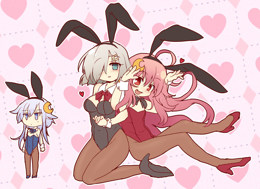 animal_ears asyura7 bad_id bad_pixiv_id blue_eyes bow bowtie bunny_ears bunny_tail bunnysuit detached_collar green_eyes hair_over_one_eye hamakaze_(kantai_collection) kantai_collection long_hair multiple_girls pantyhose red_eyes red_hair short_hair silver_hair tail uzuki_(kantai_collection) wrist_cuffs yayoi_(kantai_collection)