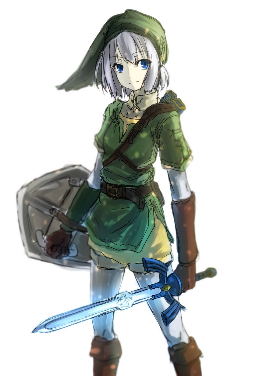 belt blue_eyes boots brown_gloves cosplay cowboy_shot gloves hat highres holding holding_sword holding_weapon konpaku_youmu left-handed link link_(cosplay) lip-mil long_sleeves master_sword pointy_ears sheath shield short_hair silver_hair simple_background sketch solo standing sword the_legend_of_zelda touhou tunic unsheathed weapon white_background