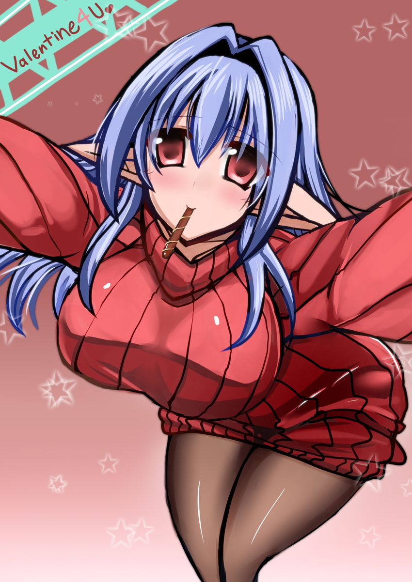 1girl ashling_(no-plan) blue_hair breasts female food highres kawasumi_(ashling) large_breasts leaning_forward long_hair mouth_hold original pantyhose pointy_ears red_eyes ribbed_sweater solo standing sweater turtleneck valentine