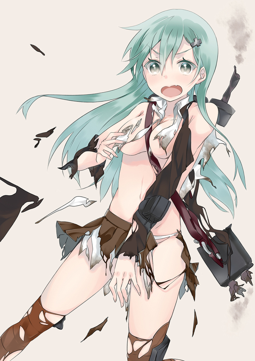 bad_id bad_pixiv_id blush breasts brown_eyes convenient_censoring covering covering_crotch green_hair hair_ornament highres kantai_collection long_hair looking_at_viewer medium_breasts navel open_mouth ryunxryun skirt solo suzuya_(kantai_collection) torn_clothes torn_skirt