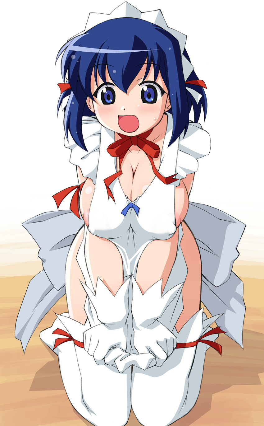 :d absurdres apron areola_slip areolae bangs bent_over blue_eyes blue_hair blush bow breasts choker cleavage collarbone embarrassed erect_nipples female floor foreshortening gloves hair_between_eyes hands headdress highres hips kneeling knees_together_feet_apart kokubunji_koyori large_bow large_breasts leaning_forward legs long_image looking_at_viewer maid maid_apron maid_headdress naked_apron nurse_witch_komugi-chan on_floor open_mouth red_ribbon ribbon ribbon_choker shadow shiny shiny_hair shiny_skin short_hair skirt skirt_pull smile solo soul_taker sukoburumers sweatdrop tall_image tatsunoko thighhighs traditional_media white_bow white_gloves white_legwear wooden_floor