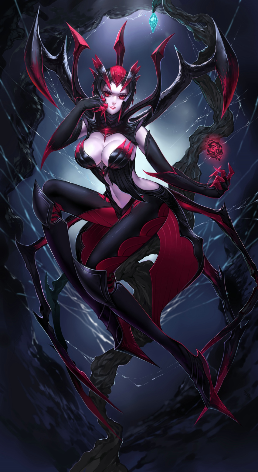 black_gloves breasts citemer claws cleavage elise_(league_of_legends) gloves highres insect_girl large_breasts league_of_legends long_legs navel red_eyes silk smile solo spider_girl spider_web white_skin