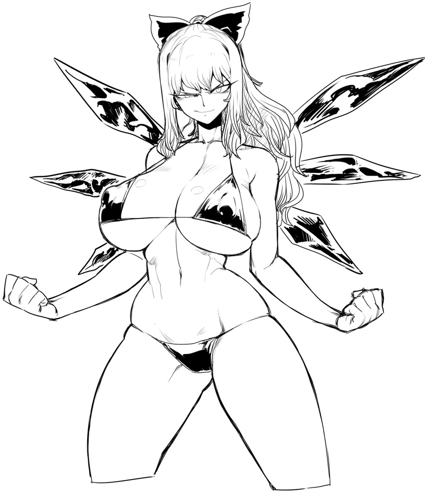 bikini bow breasts cirno cleavage clenched_hands covered_nipples cropped_legs greyscale hair_bow highres huge_breasts ice ice_wings long_hair micro_bikini monochrome narrow_waist navel older ponytail raised_eyebrow sideboob skindentation slender_waist smile solo space_jin squinting standing strap_gap swimsuit thick_thighs thighs touhou underboob wide_hips wings