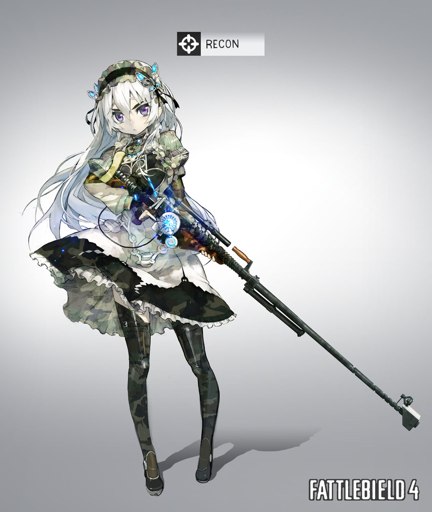 adapted_costume battlefield_(series) battlefield_4 black_gloves boots brand_name_imitation camouflage camouflage_dress camouflage_hairband camouflage_legwear chaika_trabant dress english fingerless_gloves frown full_body gloves gun hair_ornament hairband highres hitsugi_no_chaika holding lolita_hairband long_hair looking_at_viewer namaniku_atk number parody puffy_sleeves purple_eyes rifle silver_hair sniper_rifle solo standing thigh_boots thighhighs weapon woodland_pattern