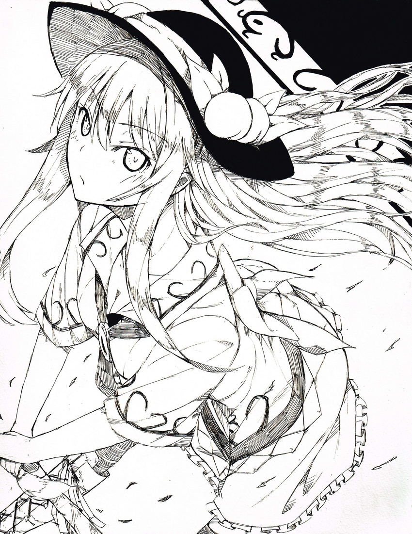 :| absurdres boots bow breasts cleavage closed_mouth dress fire food food_themed_clothes from_above fruit hands_on_hilt hat highres hinanawi_tenshi long_hair looking_up millipen_(medium) monochrome neropaso peach serious short_sleeves simple_background skirt small_breasts solo sword sword_of_hisou touhou traditional_media transparent v-shaped_eyebrows weapon white_background