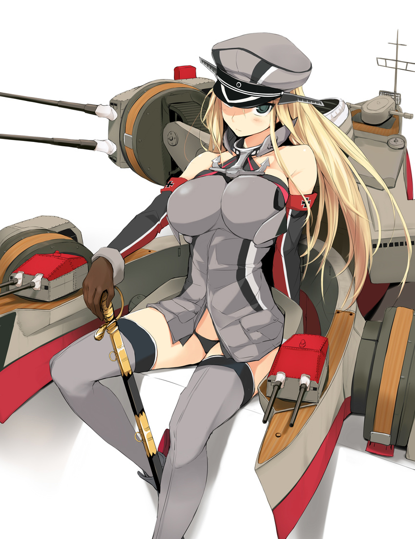 bismarck_(kantai_collection) blonde_hair blue_eyes breasts brown_gloves detached_sleeves gloves grey_legwear hat highres kantai_collection large_breasts long_hair mecha_musume military military_hat military_uniform peaked_cap sheath sheathed solo sword thighhighs uniform weapon zekkyon