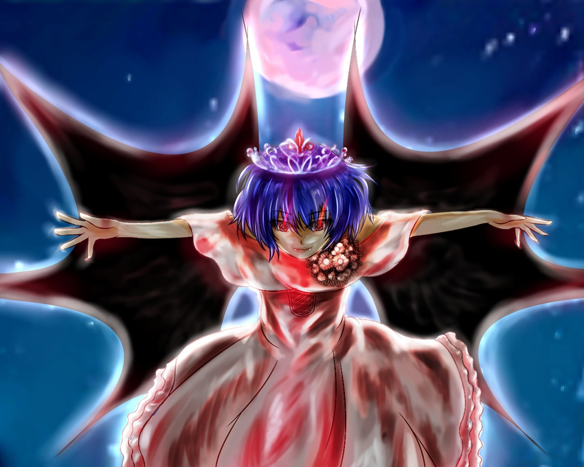 alternate_costume ash_(ashponmomo) aura bat_wings blood bloody_clothes blue_hair capelet corsage dress fang_out fangs full_moon glowing glowing_eyes looking_at_viewer moon night outdoors outstretched_arms red_eyes red_moon remilia_scarlet short_hair smile solo spread_arms tiara touhou wings