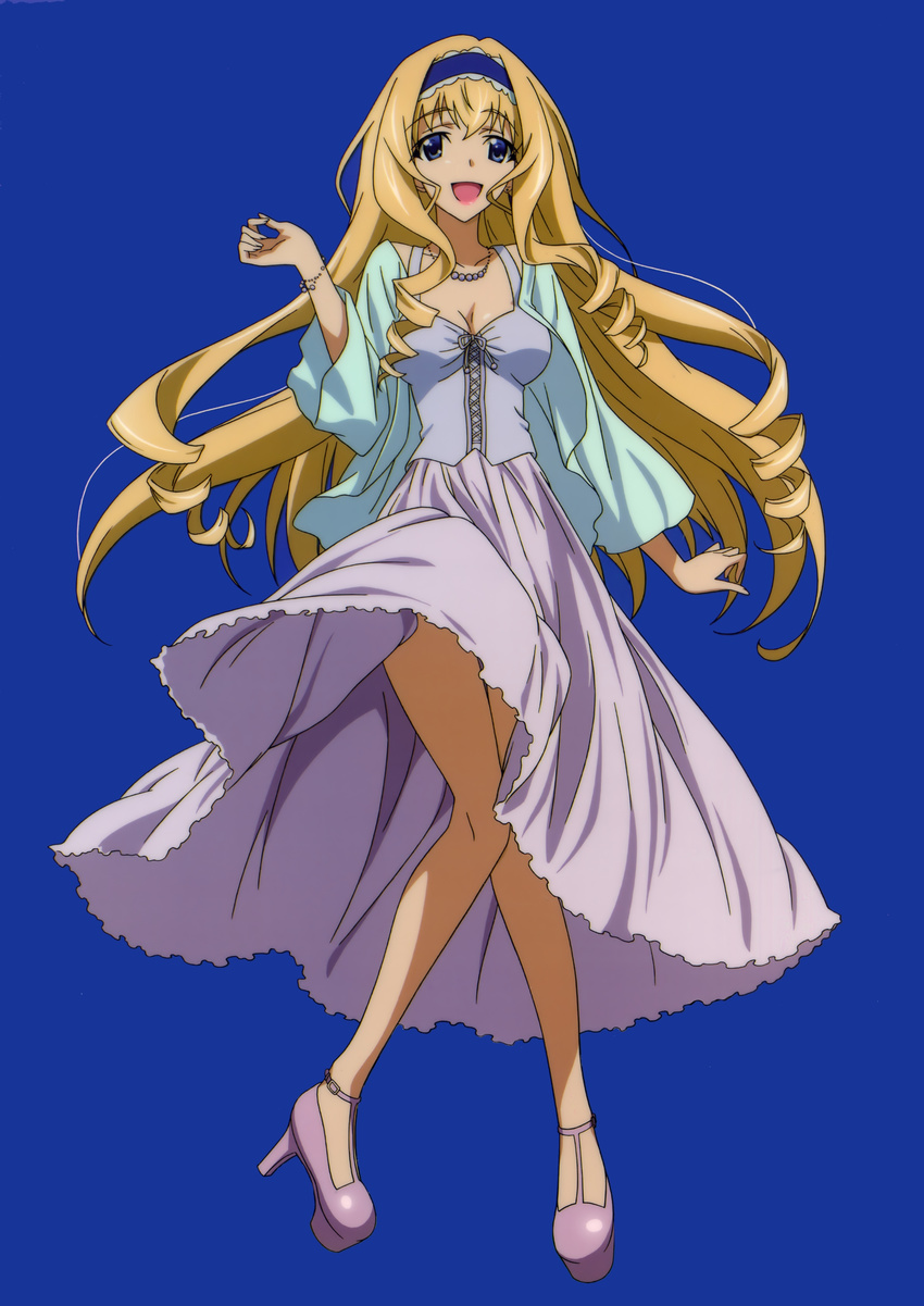 :d absurdres bare_legs blonde_hair blue_background blue_eyes blue_hairband bodice bracelet casual cecilia_alcott dress drill_hair hairband high_heels highres infinite_stratos jacket jewelry legs long_hair long_legs long_skirt long_sleeves looking_at_viewer necklace open_clothes open_jacket open_mouth purple_dress simple_background skirt smile solo very_long_hair