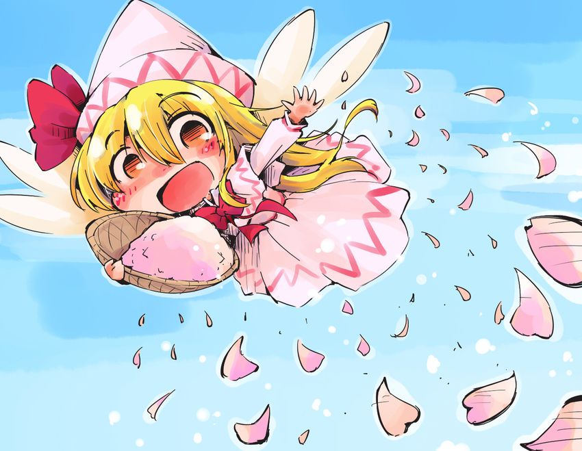 blonde_hair blue_sky blush bow brown_eyes capelet check_commentary commentary commentary_request dress fairy_wings flying hat hat_bow lily_white long_hair long_sleeves open_mouth petals pink_dress shinapuu sky smile solo touhou wings