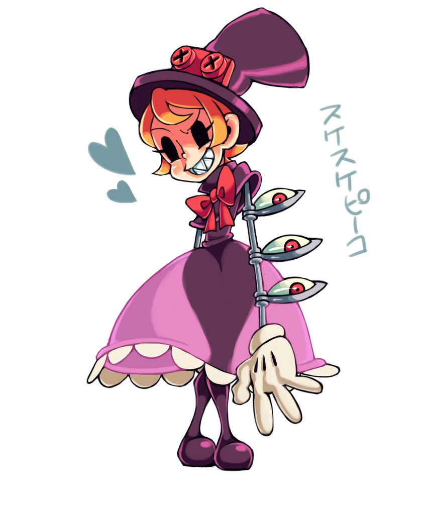 bow capelet crossed_legs extra_eyes eye_socket flat_chest gloves grin hat heart highres mechanical_arms nappooz orange_hair peacock_(skullgirls) red_eyes see-through sharp_teeth short_hair skirt skullgirls smile solo standing teeth top_hat translation_request white_gloves wide_hips