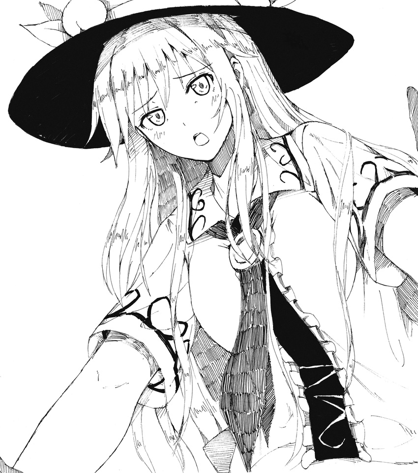 absurdres boots bow dress food food_themed_clothes foreshortening from_below fruit greyscale hat highres hinanawi_tenshi long_hair looking_at_viewer looking_down millipen_(medium) monochrome neropaso open_mouth outstretched_arms peach short_sleeves simple_background solo sword touhou traditional_media very_long_hair weapon white_background worried