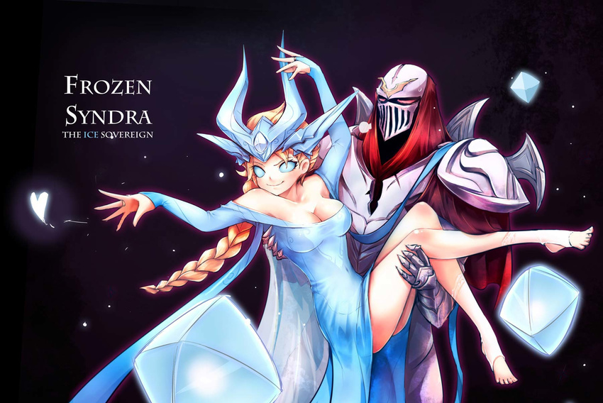 1girl alternate_costume alternate_hair_color armor barefoot beancurd blonde_hair blue_dress blue_eyes braid breasts carrying character_name cleavage cosplay dress elsa_(frozen) elsa_(frozen)_(cosplay) frozen_(disney) highres league_of_legends long_hair long_sleeves medium_breasts parody princess_carry single_braid smile syndra toeless_legwear zed_(league_of_legends)