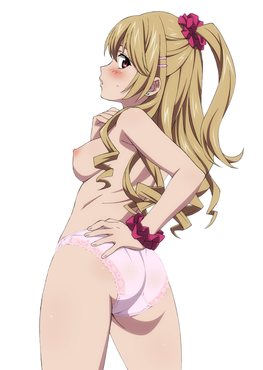 aiba_asagi ass blonde_hair blush breasts drill_hair earrings hair_ornament hairclip hand_on_hip highres jewelry lace lace-trimmed_panties long_hair looking_at_viewer looking_back medium_breasts mokke_(mokke99) nipples panties ponytail red_eyes scrunchie simple_background solo strike_the_blood sweatdrop topless underwear white_background