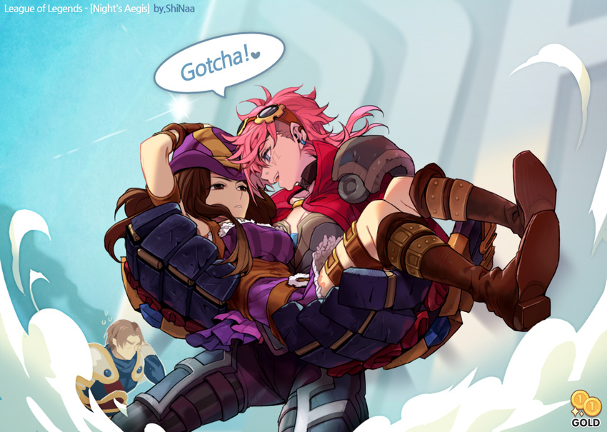 2girls 2gold belt blue_eyes boots brown_eyes brown_gloves brown_hair caitlyn_(league_of_legends) carrying dress earrings garen_crownguard gloves goggles goggles_on_head hat jewelry league_of_legends long_hair mechanical_arms multiple_girls open_mouth pink_hair princess_carry purple_dress smile speech_bubble text_focus vi_(league_of_legends) yuri